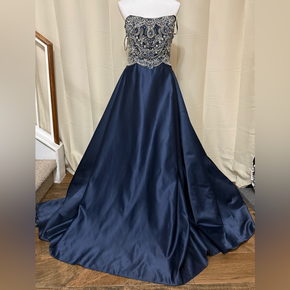 Mac Duggal Navy Strapless Gown with Silver Embellishments